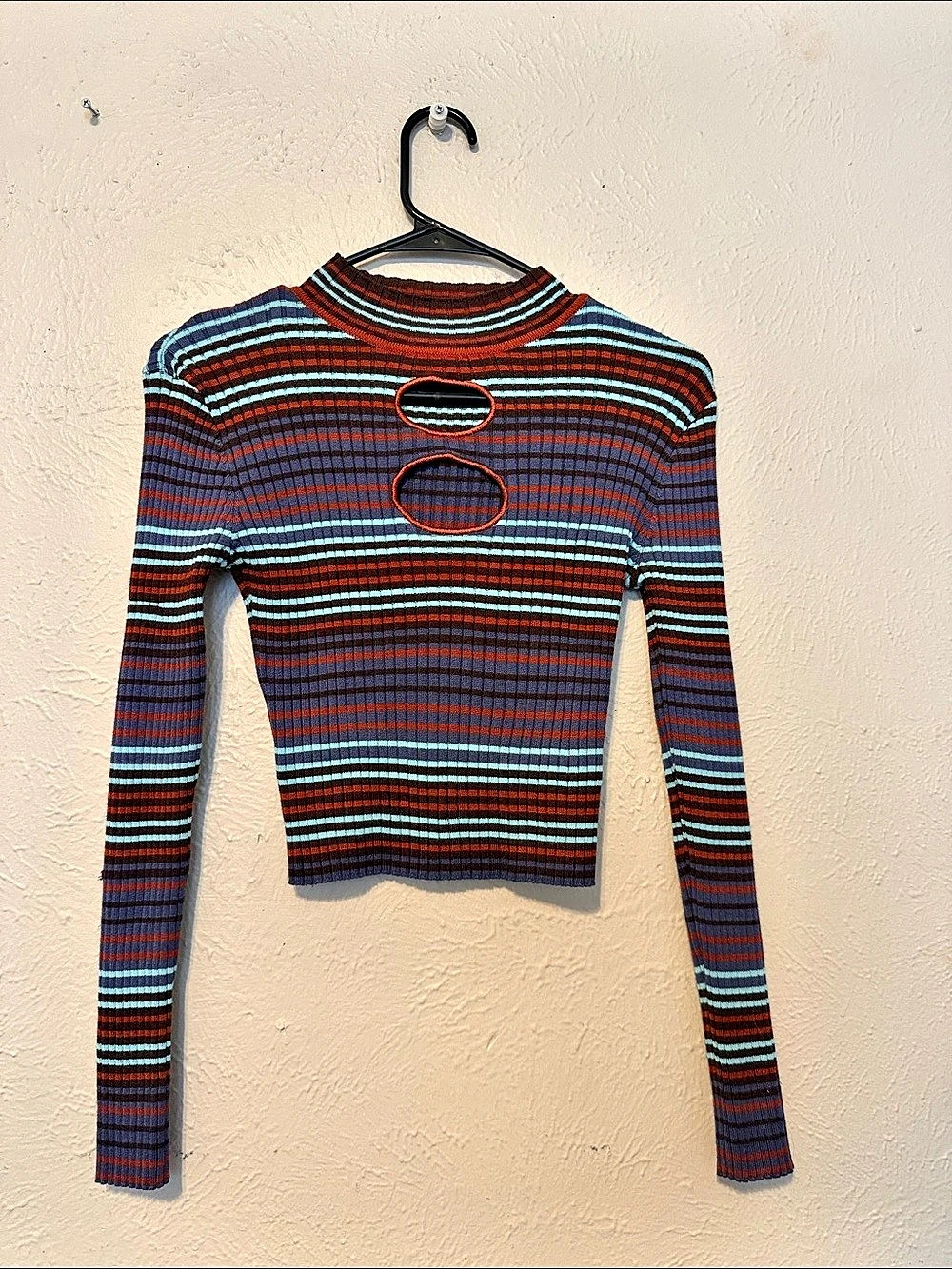MADDEN NYC Striped Mock Neck Cutout Crop Top Blue & Red Small